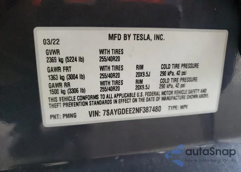 2022 Tesla Model Y z USA, uszkodzony, nr VIN 7SAYGDEE2NF387480